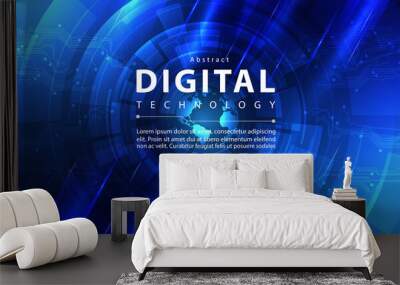 Digital technology banner blue sky background concept with technology line light effect, abstract tech, innovation future data, internet network, big data, lines dots connection, illustration vector Wall mural