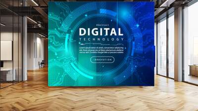 Digital technology banner green blue background concept, cyber technology circuit, abstract tech, innovation future data, internet network, Ai big data, futuristic wifi connection illustration concept Wall mural