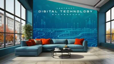 Digital technology banner green blue background concept, cyber technology circuit, abstract tech, innovation future data, internet network, Ai big data, futuristic wifi connection illustration vector Wall mural