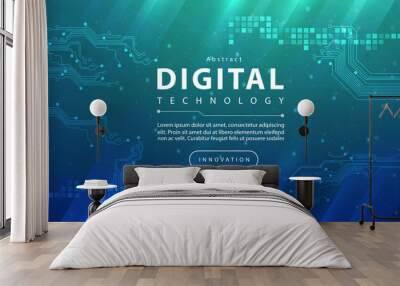 Digital technology banner green blue background concept with technology light effect, abstract tech, innovation future data, internet network, Ai big data, lines dots connection, illustration vector Wall mural