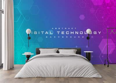 Digital technology banner green pink background concept, cyber technology, abstract social media tech, innovation future data, internet network, Ai big data, lines dots connection, illustration vector Wall mural