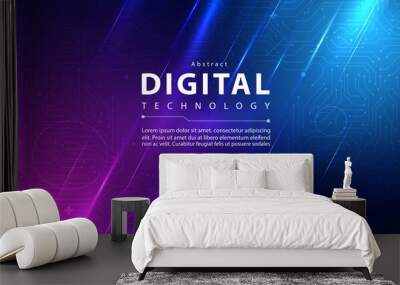 Digital technology banner pink blue background concept with technology line light effect, abstract tech, innovation future data, internet network, big data, lines dots connection, illustration vector Wall mural