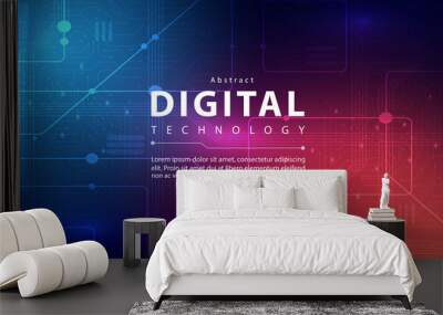 Digital technology banner pink blue background concept with technology line light effect, abstract tech, innovation future data, internet network, big data, lines dots connection, illustration vector Wall mural