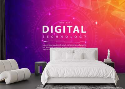 Digital technology banner pink orange background concept, technology light purple effect, abstract tech, innovation future data, internet network, Ai big data, line dot connection, illustration vector Wall mural