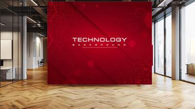 Digital technology banner red background concept, circuit technology light effect, abstract cyber tech, innovation future data, internet network, Ai big data, line dots connection, illustration vector Wall mural