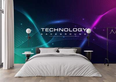 Digital technology blue green background, online cyber media algorithm, pink abstract wave futuristic circuit tech, innovation future internet network connection, Ai big data, dot illustration vector Wall mural