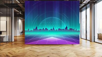 Digital technology city metaverse neon blue green background, abstract cyber communication, innovation future cyberpunk metropolis tech, internet network connection, Ai big data, town illustration 3d Wall mural