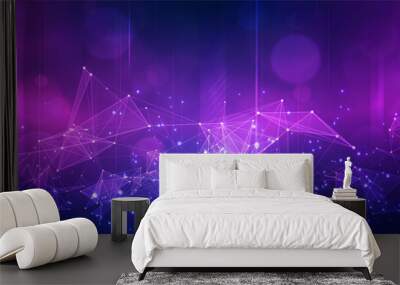 Digital technology futuristic Ai big data blue purple background, internet network connection, abstract cyber information communication, science innovation future tech, line dot illustration vector 3d Wall mural