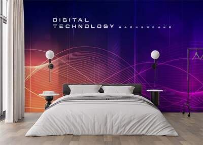 Digital technology futuristic big data orange purple background, cyber nano information, abstract communication, Ai innovation future tech data, internet network speed connection line dot illustration Wall mural