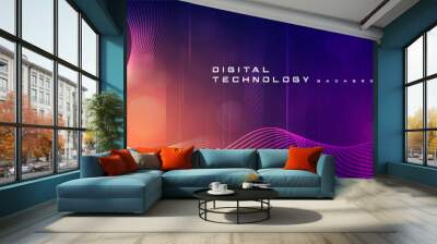 Digital technology futuristic big data orange purple background, cyber nano information, abstract communication, Ai innovation future tech data, internet network speed connection line dot illustration Wall mural