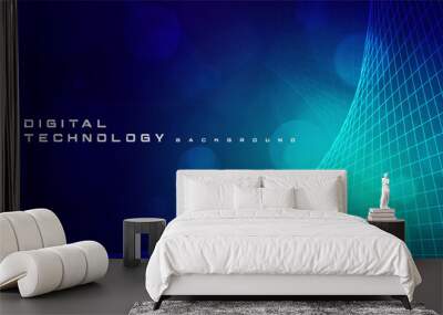 Digital technology futuristic blue green background, internet network connection, abstract cyber information communication, science innovation future tech, Ai big data line dot, illustration vector 3d Wall mural