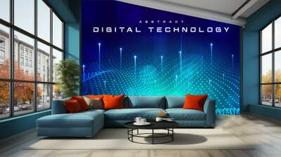 Digital technology futuristic blue green background, internet network connection, abstract cyber information communication, science innovation future tech, Ai big data line dot, illustration vector 3d Wall mural