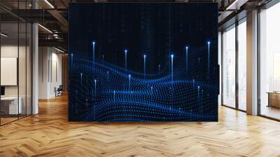 Digital technology futuristic internet network connection dark black background, blue abstract cyber information communication, Ai big data science, innovation future tech, line illustration vector 3d Wall mural