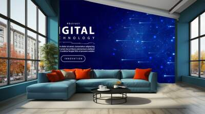 Digital technology internet network speed connection blue background, cyber nano information, abstract science communication, innovation futuristic tech data, Ai big data, lines dots illustration 3d Wall mural