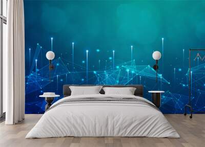 Digital technology internet network speed connection blue green background, cyber nano information, abstract communication, innovation future tech data, Ai big data lines dots, illustration vector 3d Wall mural