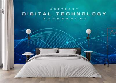 Digital technology internet network speed connection blue green background, cyber nano information, abstract communication, innovation future tech data, Ai big data lines dots, illustration vector 3d Wall mural