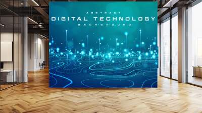 Digital technology speed connect blue green background, cyber nano information, abstract communication, innovation future tech data, internet network connection, Ai big data, line dot illustration 3d Wall mural