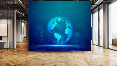 Digital technology worldwide global network internet connection blue green background, Abstract cyber tech futuristic world, Ai big data, Innovation 5g wireless wifi future, illustration vector 3d Wall mural