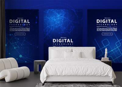 Poster brochure cover banner presentation layout template, technology digital futuristic internet network connection blue background, abstract cyber future tech communication, Ai big data science 3d Wall mural