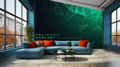 Technology digital futuristic internet network connection black green background, dark abstract cyber information communication, Ai big data science, innovation future tech line illustration vector 3d Wall mural