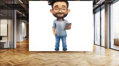 3D Male Teacher With Tablet Memoji Face White Background Render Wall mural