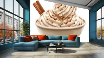 A bowl of cinnamon-spiced ice cream, featuring two scoops and garnished with cinnamon sticks, presenting a delicious and warm dessert flavor. Wall mural