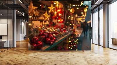 A festive Christmas market scene with twinkling lights, snow, decorated stalls, and ornaments. Wall mural