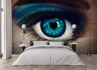 beautiful painting of human eye closeup with heart shaped pupil and fancy make up with marvelous blu Wall mural