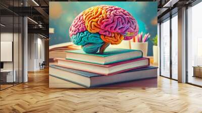 Colorful brain on the top of books pile. Creative education conceptual background Wall mural