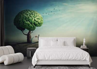 Surreal brain tree in a desolate land and a determined person watering it using a sprinkling can. Man splashes the green shrub using a water pot, taking care of mental health. Human mind concept Wall mural