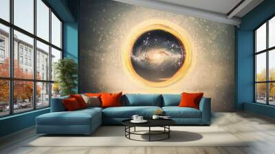 Surreal portal for teleportation as an abstract glowing circular twirl with spinning sparks. Mystery scene with a man finding a entry to another galaxy. Magical wormhole entrance, time travel Wall mural