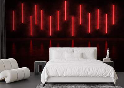 Glowing vertical stripes of red against the concrete wall, reflected on the glossy floor. Neon lights form a horizontal stripe in a dark space. 3D Render. Wall mural