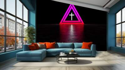 symbol in the form of a cross inside in a dark room is reflected on the glossy floor.  A glowing purple triangle. 3D Render. Wall mural