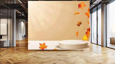 Empty Background Podium with Falling Autumn Leaves in Sunlight Wall mural