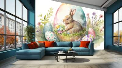 watercolor easter cute bunny eggs nature background - generative ai Wall mural