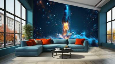 Abstract image. Launching a rocket into space. Glowing connected dot and line model Ideas for promotion and rapid growth of business Illustration of a low poly wireframe. Wall mural