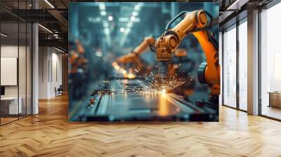 automation robot arms machine in intelligent factory industrial on real time monitoring system software. Welding robotics and digital manufacturing operations. Wall mural