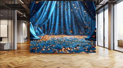 Blue curtain background. Golden confetti banner and ribbon. Celebration grand opening party happy concept. Wall mural