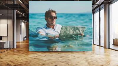 Businessman during summer vacation Businessman at sea using laptop summer business Freelancer on the summer sea Businessman working all the time Wall mural