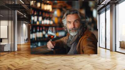 Mature man tasting wine at bar. Wall mural