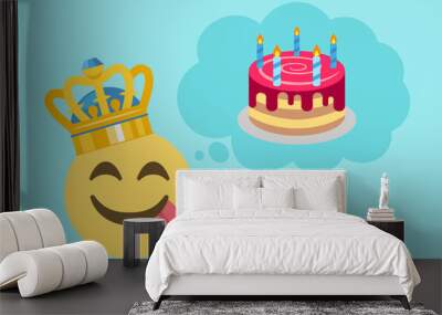 emoji face savouring delicious food with crown and thought bubble with birthday cake on blue background,concept vector illustration Wall mural