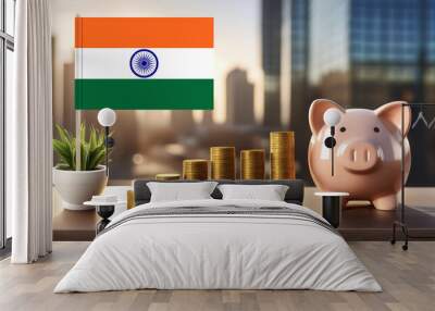 Flag of India and piggy bank with columns of coins,against blurry city buildings.Business,earnings,make money,finance and economy concept. Wall mural