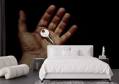 shiny key in the open hand palm on a black background copy space Wall mural