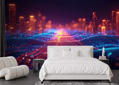 Smart city and abstract dot point connect with gradient line and aesthetic Intricate wave line design, big data and city connection technology concept. Wall mural