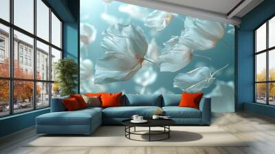 White petals and flowers float in the air. The concept gives off the scent of fabric softener. Wall mural