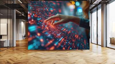 Woman's hand touching the introduction of artificial intelligence big data concept Digital neural network Cyberspace of the future Science and technological innovation Wall mural