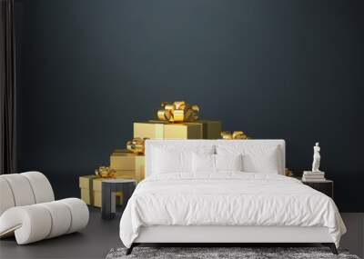 Golden boxes with ribbon on dark blue background Wall mural