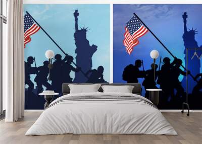  Soldiers lifting USA flag silhouette and USA cityscape on a navy blue background. Independence day USA, veterans day, memorial day. Vector illustration. Wall mural