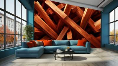 A close-up view of wooden sticks arranged chaotically, showcasing the natural texture and rich color of wood. Wall mural