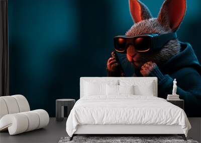 A cool cartoon rabbit wearing sunglasses and a dark coat, exuding a stylish and confident vibe in a vibrant urban setting. Wall mural